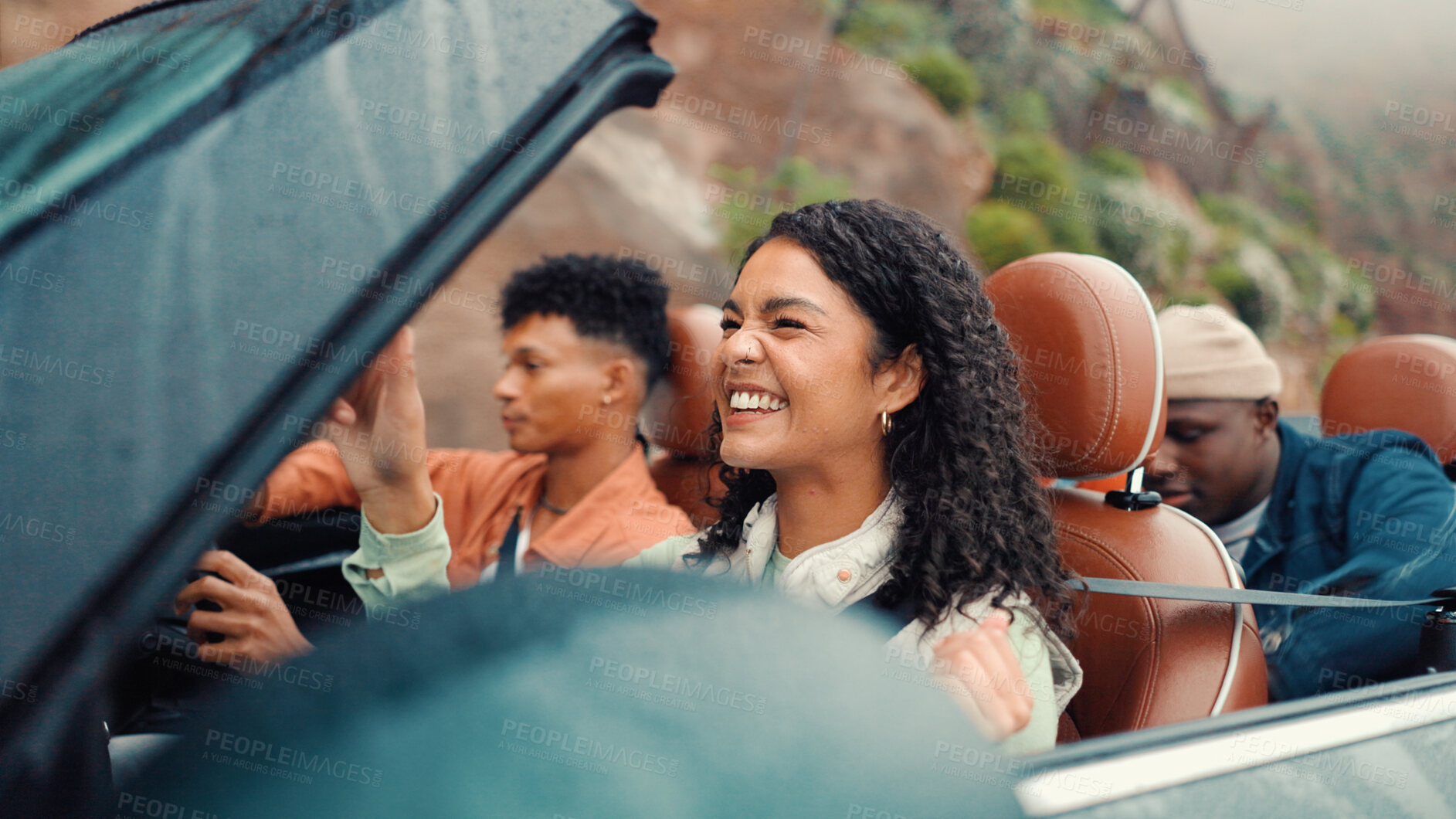 Buy stock photo Drive, energy and road trip with happy friends in car together for holiday, travel or vacation. Dance, excited and smile with group of people riding in convertible vehicle for weekend getaway
