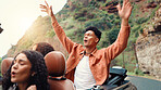Arms raised, drive and road trip with happy friends in car together for holiday, travel or vacation. Energy, excited and freedom with group of people riding in convertible vehicle for weekend getaway