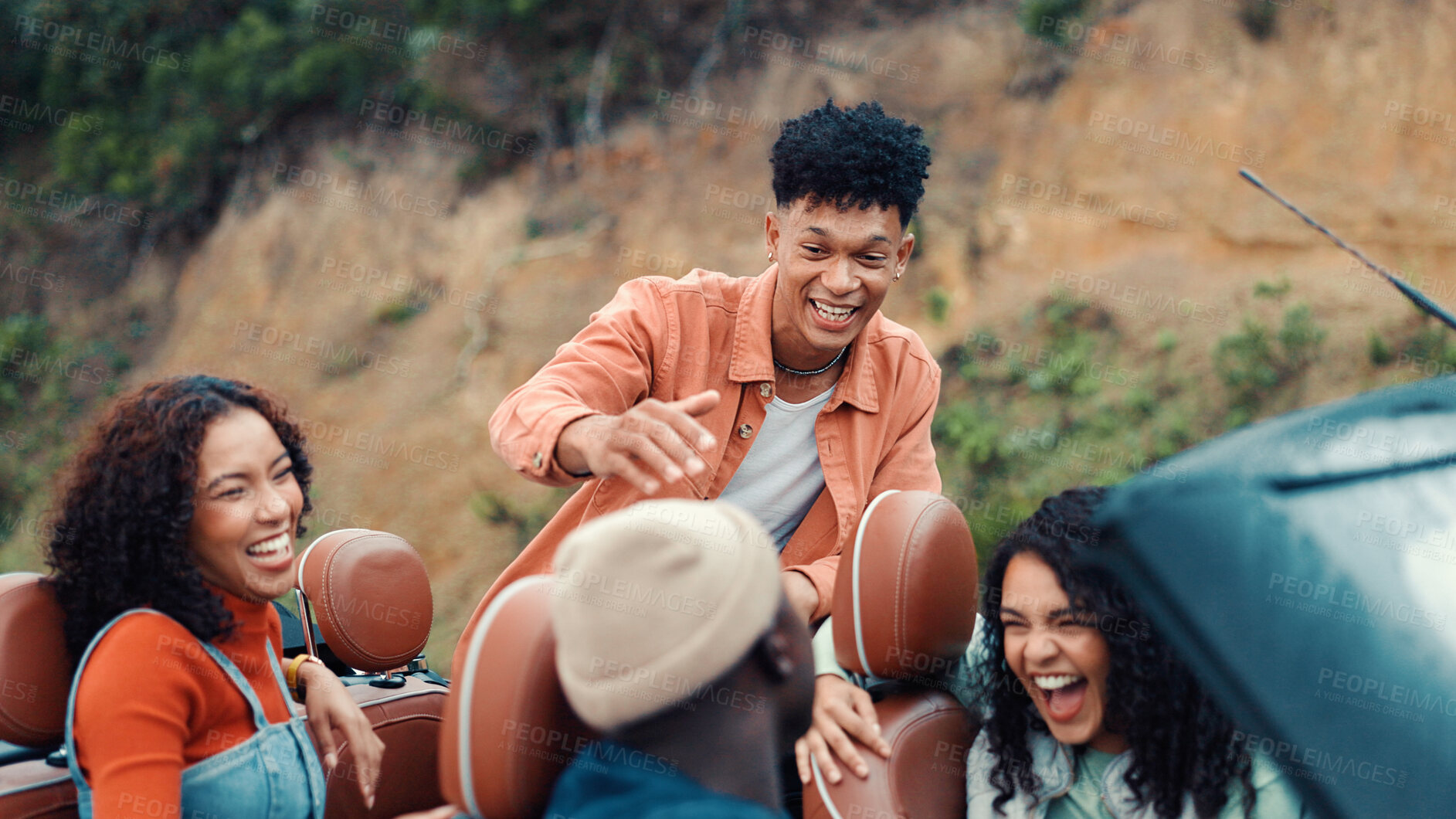 Buy stock photo Drive, laughing and road trip with happy friends in car together for holiday, travel or vacation. Energy, freedom and funny with group of people riding in convertible vehicle for weekend getaway