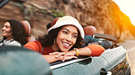 Road trip, smile and thinking with woman in car for friends holiday, travel or vacation. Drive, freedom and vision with group of happy people riding in convertible vehicle for weekend getaway