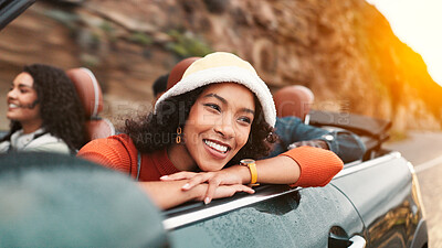 Buy stock photo Road trip, smile and thinking with woman in car for friends holiday, travel or vacation. Drive, freedom and vision with group of happy people riding in convertible vehicle for weekend getaway