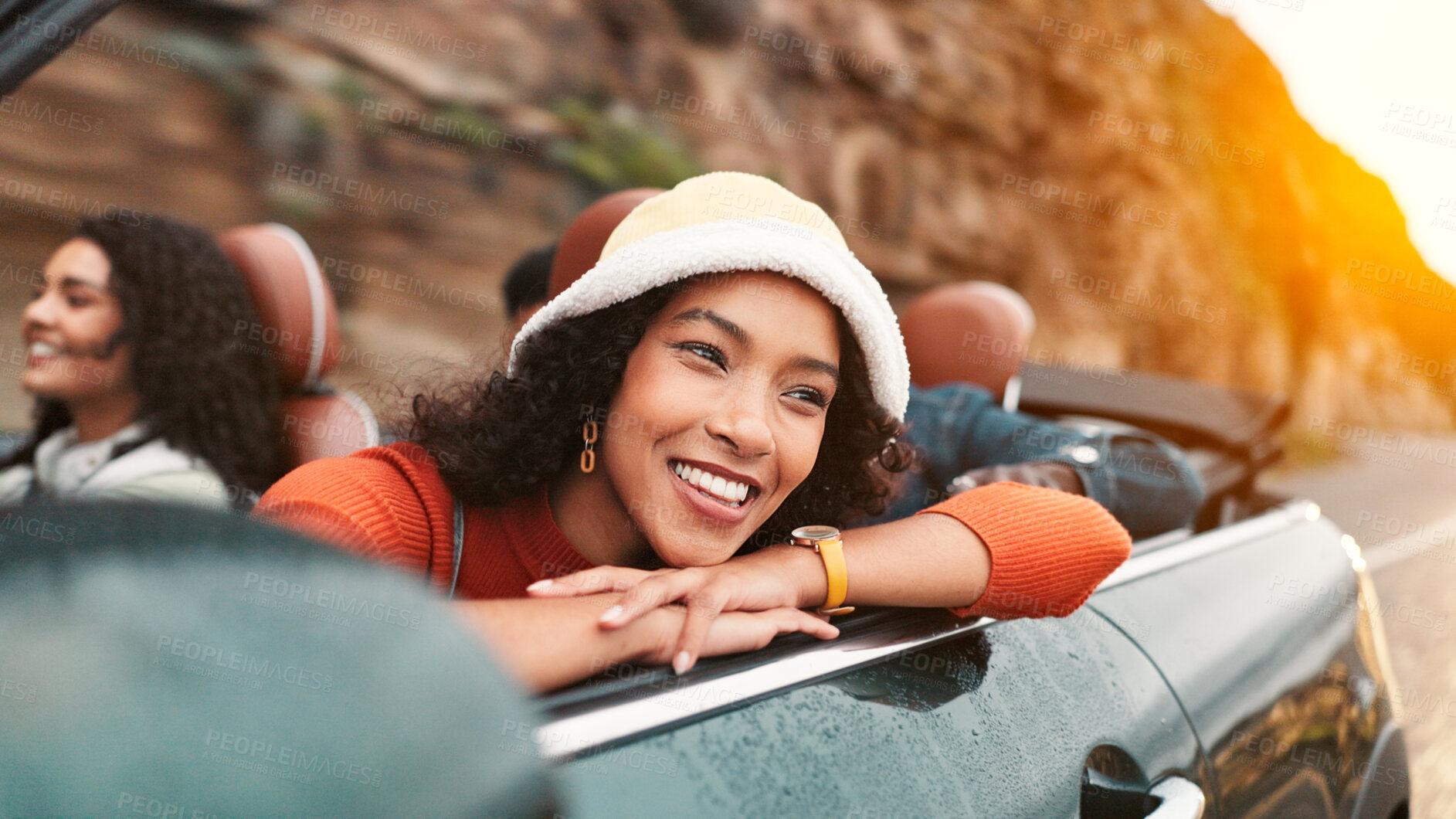 Buy stock photo Road trip, smile and thinking with woman in car for friends holiday, travel or vacation. Drive, freedom and vision with group of happy people riding in convertible vehicle for weekend getaway