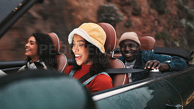 Buy stock photo Night, phone and road trip with happy friends in car together for holiday, travel or vacation. App, drive and navigation with group of people riding in convertible vehicle for weekend getaway