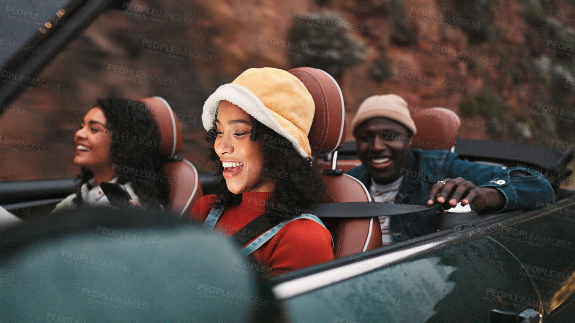 Buy stock photo Night, phone and road trip with happy friends in car together for holiday, travel or vacation. App, drive and navigation with group of people riding in convertible vehicle for weekend getaway