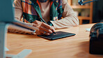Person, hands and editor with tablet pen for drawing, sketching or digital design at home. Closeup, creative or artist with technology for multimedia production, retouch or photo editing software