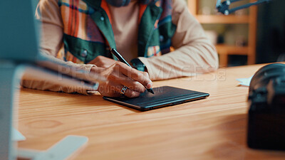 Buy stock photo Person, hands and editor with tablet pen for drawing, sketching or digital design at home. Closeup, creative or artist with technology for multimedia production, retouch or photo editing software