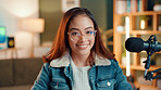 Happy, microphone and portrait of woman streamer with confidence for podcast, talk show or chat. Smile, entertainment and face of female presenter with recording equipment for  live streaming in home