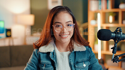 Buy stock photo Happy, microphone and portrait of woman streamer with confidence for podcast, talk show or chat. Smile, entertainment and face of female presenter with recording equipment for  live streaming in home