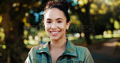 Buy stock photo Portrait, athlete and woman with smile, outdoor and training routine in morning for wellness and confident. Break, happy and person with pride for fitness, bokeh and sportswear for workout in nature