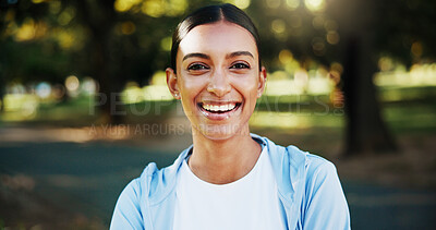 Buy stock photo Portrait, athlete and woman on break, outdoor and training routine in morning for wellness or confident. Laughing, runner and person with pride for fitness, rest and healthy with workout in nature