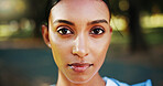 Portrait, athlete and woman on break, serious and training routine in morning for wellness or confident. Outdoor, runner and person with pride for fitness, rest and healthy with workout in nature