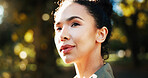 Fitness, thinking and woman at park on break for relax, health and wellness with inspiration. Face, thoughts and sports athlete outdoor with reflection, daydreaming or vision with ideas for workout