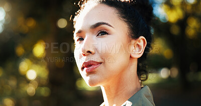 Buy stock photo Fitness, thinking and woman at park on break for relax, health and wellness with inspiration. Face, thoughts and sports athlete outdoor with reflection, daydreaming or vision with ideas for workout