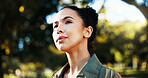 Fitness, thinking and woman outdoor on break for relax, health or wellness with inspiration. Person, thoughts and sports athlete at park with reflection, daydreaming or vision with ideas for exercise
