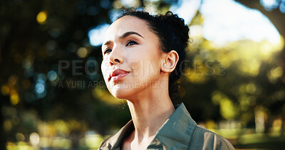 Buy stock photo Fitness, thinking and woman outdoor on break for relax, health or wellness with inspiration. Person, thoughts and sports athlete at park with reflection, daydreaming or vision with ideas for exercise