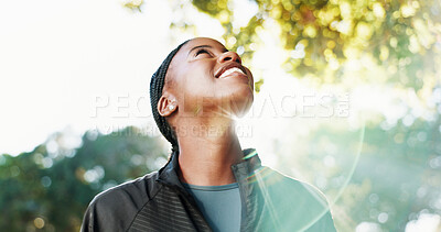 Buy stock photo Thinking, hiking and black woman with nature, smile and wellness for hobby, explore and travel. Outdoor, hiker and happy person with woods, vacation activity and sightseeing for environment and break