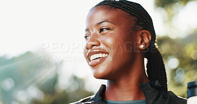 Buy stock photo Outdoor, hiking and black woman with nature, smile and wellness for hobby, explore and travel. Hiker, space and happy person with woods, vacation activity and sightseeing for environment and break