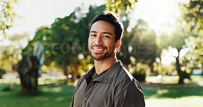 Buy stock photo Fitness, man and smile with portrait at park for workout routine, morning cardio and ready for exercise. Space, runner and happy in nature for wellness training, running break and sports confidence