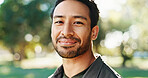 Portrait, man and proud athlete in park on break in outdoor training, workout and nature in morning. Face, confidence and healthy male person with smile for fitness, wellness and exercise in Mexico