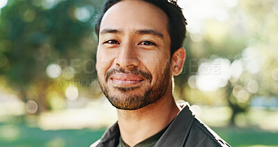 Buy stock photo Portrait, man and proud athlete in park on break in outdoor training, workout and nature in morning. Face, confidence and healthy male person with smile for fitness, wellness and exercise in Mexico
