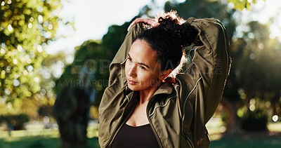 Buy stock photo Fitness, exercise and woman with stretching at park to start cardio workout, marathon performance and getting ready. Runner, athlete and arm warm up in nature for training and muscle tension relief