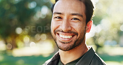 Buy stock photo Portrait, man and happy athlete in park on break in outdoor training, workout and nature in morning. Face, confidence and healthy male person with smile for fitness, wellness and exercise in Mexico