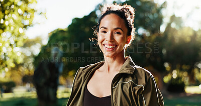 Buy stock photo Fitness, woman and smile with portrait at park for morning workout, cardio exercise or ready for marathon. Athlete, runner and happy in nature for wellness routine, running self care or sports pride