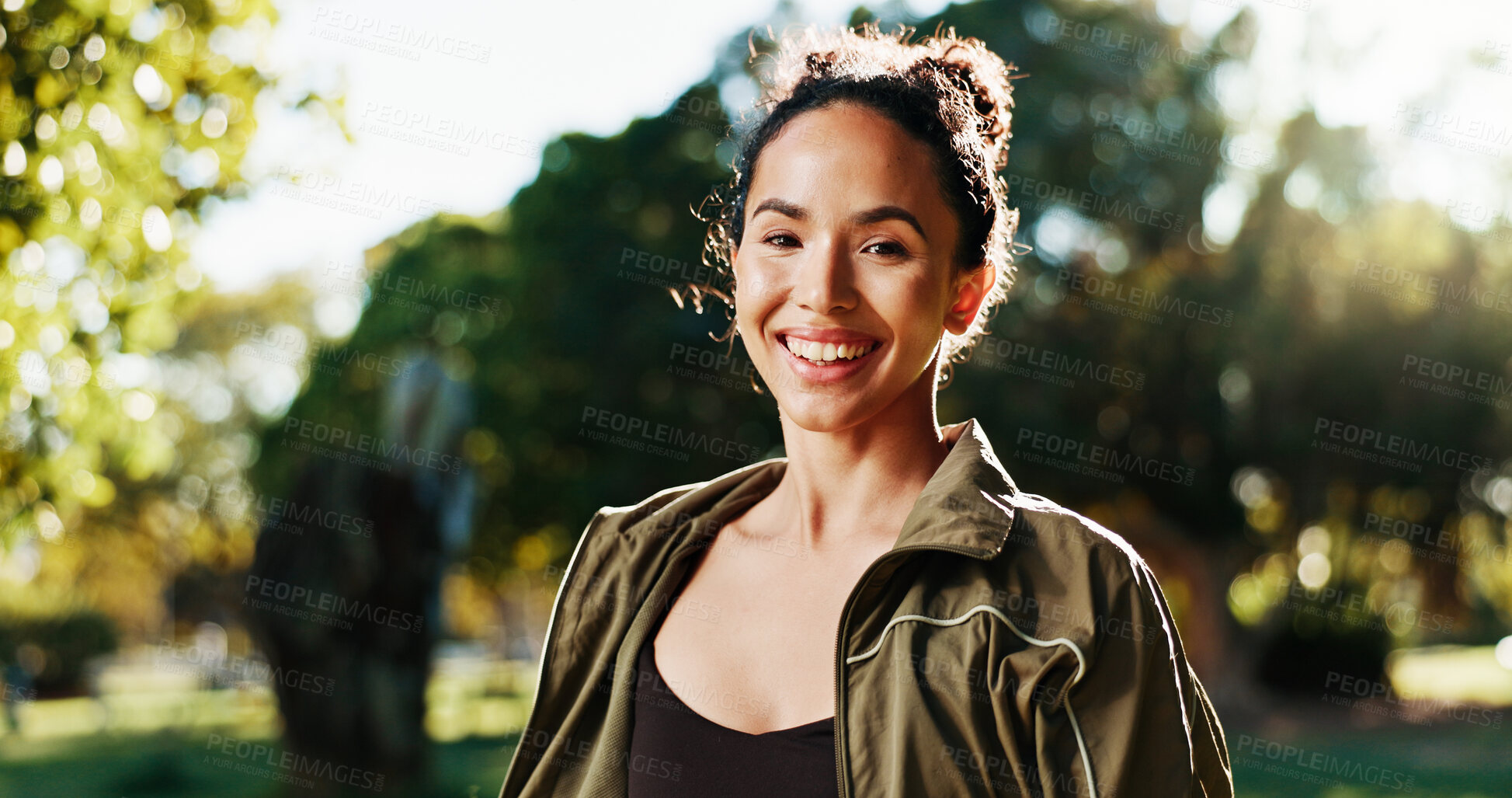 Buy stock photo Fitness, woman and smile with portrait at park for morning workout, cardio exercise or ready for marathon. Athlete, runner and happy in nature for wellness routine, running self care or sports pride