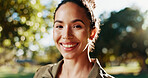 Fitness, woman and happy with portrait outdoor for morning exercise, cardio routine and ready for workout. Athlete, runner and smile in nature for wellness training, marathon running and confidence