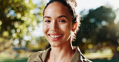 Buy stock photo Fitness, woman and happy with portrait outdoor for morning exercise, cardio routine and ready for workout. Athlete, runner and smile in nature for wellness training, marathon running and confidence