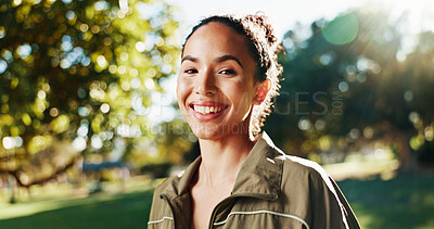 Buy stock photo Fitness, woman and happy with portrait at park for morning workout, cardio exercise and ready for training. Athlete, runner and smile in nature for wellness routine, running performance or confidence