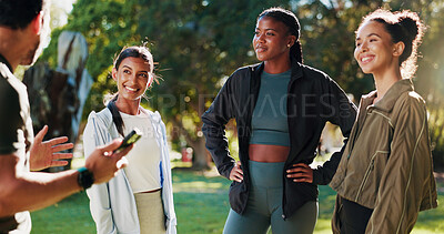 Buy stock photo Group, outdoor and people with fitness, smartphone and smile with challenge, feedback and exercise. Healthy athlete, man and women in park, cellphone and conversation for goals, training and wellness