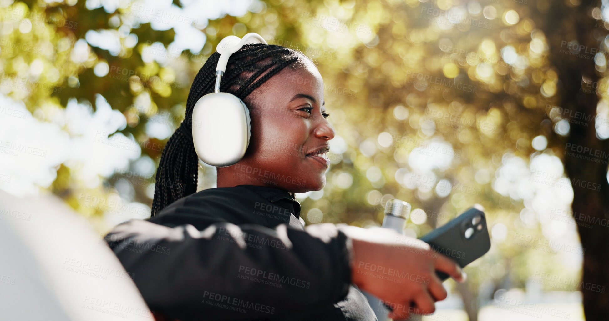 Buy stock photo Black woman, relax and headphones for fitness in city by listening to music, streaming audio and break. Thinking, person and mobile for exercise podcast, workout recovery and ideas of sports training