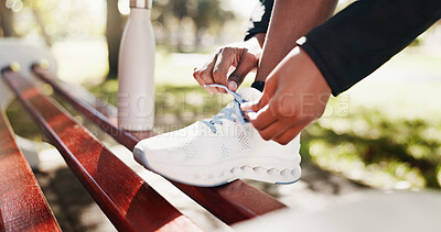 Buy stock photo Athlete, hands and tie shoes at park to start running exercise, cardio training and fitness challenge. Runner, person and getting ready with sneakers for marathon preparation and workout performance
