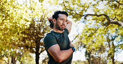 Buy stock photo Fitness, outdoor and man workout with kettlebell for tricep extension, health or intense exercise for wellness. Bodybuilder, strength training and weightlifting for muscle growth, power and strong