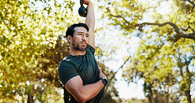Buy stock photo Fitness, park and man exercise with kettlebell for tricep overhead extension workout, health or wellness. Bodybuilder, strength training and weightlifting outdoor for muscle growth, power and strong