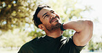 Neck pain, fitness and man at park with injury, fibromyalgia and medical problem. Muscle tension, sore and hurt athlete with sports accident from workout challenge, exercise and health risk outdoor