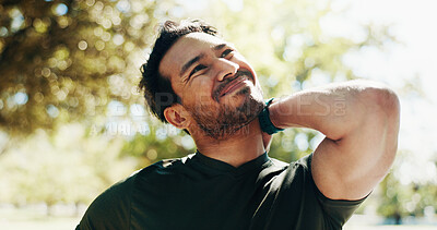 Buy stock photo Neck pain, fitness and man at park with injury, fibromyalgia and medical problem. Muscle tension, sore and hurt athlete with sports accident from workout challenge, exercise and health risk outdoor