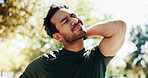 Neck pain, fitness and man outdoor with injury, fibromyalgia and medical problem. Muscle tension, sore and hurt athlete with sports accident from workout challenge, exercise and health risk at park