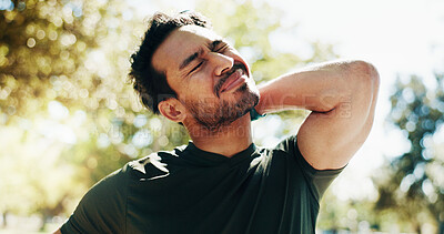 Buy stock photo Neck pain, fitness and man outdoor with injury, fibromyalgia and medical problem. Muscle tension, sore and hurt athlete with sports accident from workout challenge, exercise and health risk at park