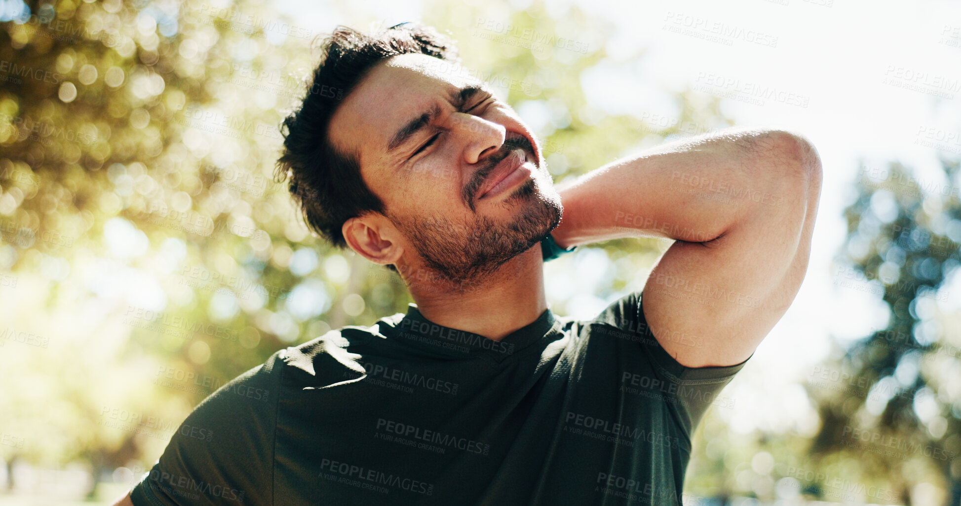 Buy stock photo Neck pain, fitness and man outdoor with injury, fibromyalgia and medical problem. Muscle tension, sore and hurt athlete with sports accident from workout challenge, exercise and health risk at park