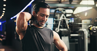 Buy stock photo Man, neck pain and stress at gym for training, break or burnout with spine injury at fitness center. Person, muscle fatigue or ache with frustrated, workout and exercise with strain at wellness class