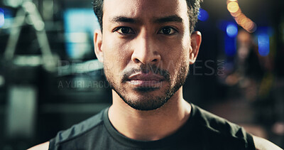 Buy stock photo Portrait, serious and man in gym, fitness and training with workout, commitment and exercise. Face, bodybuilder or healthy person in wellness center, challenge or routine with sports or confidence