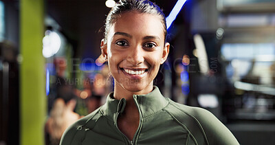 Buy stock photo Portrait, confident and woman with smile in gym, healthy and commitment to training routine or workout. Happy, athlete and Indian person with pride for wellness and sportswear for fitness center