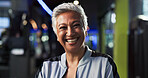 Portrait, fitness and mature woman in gym, smile and confident with sportswear for training routine. Health club, happy and person with pride for wellness, morning and ready for exercise in Canada