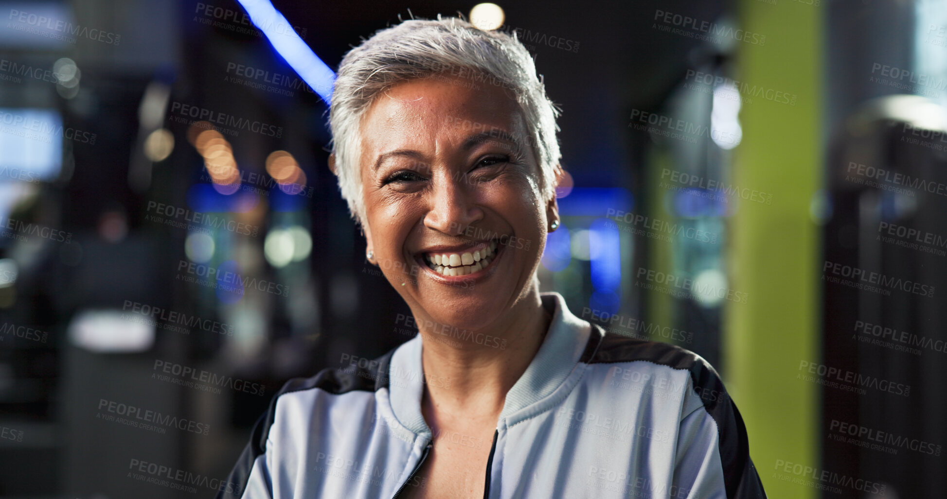 Buy stock photo Portrait, fitness and mature woman in gym, smile and confident with sportswear for training routine. Health club, happy and person with pride for wellness, morning and ready for exercise in Canada