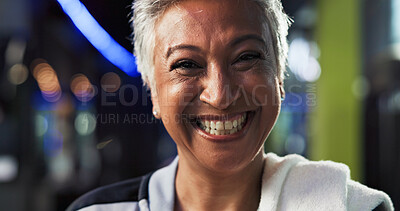 Buy stock photo Portrait, smile and mature woman in gym, fitness or confident for exercise routine or determination. Health club, happy and person with pride for wellness, positive mindset and ready for workout