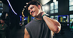 Neck pain, stress and man in gym, fitness and training with inflammation, burnout or hurt. Person, bodybuilder or athlete in wellness center, muscle tension or injury with bad posture or fibromyalgia