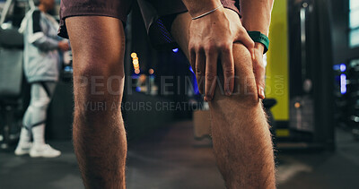 Buy stock photo Hands, injury and man with knee pain at gym for workout accident, joint inflammation and muscle tension. Fitness, night and athlete with hurt kneecap with fracture, osteoporosis and evening exercise