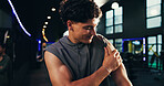 Shoulder pain, injury and man in gym, fitness and training with inflammation, burnout and hurt. Person, bodybuilder or athlete in wellness center, muscle tension or bad posture  with fibromyalgia